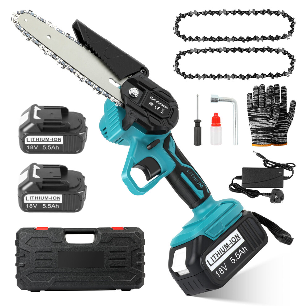 (2*5.5 Ah batter&1*charger) Mini Chainsaw 6-Inch Electric Cordless Chainsaw with 2 Chains Power Battery Chain Saws Portable Handheld Chainsaw for Tree