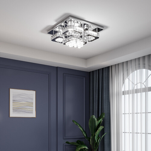 Living And Home (50cm Square, Cool White) Modern LED Ceiling Light Crystal Flush Chandelier