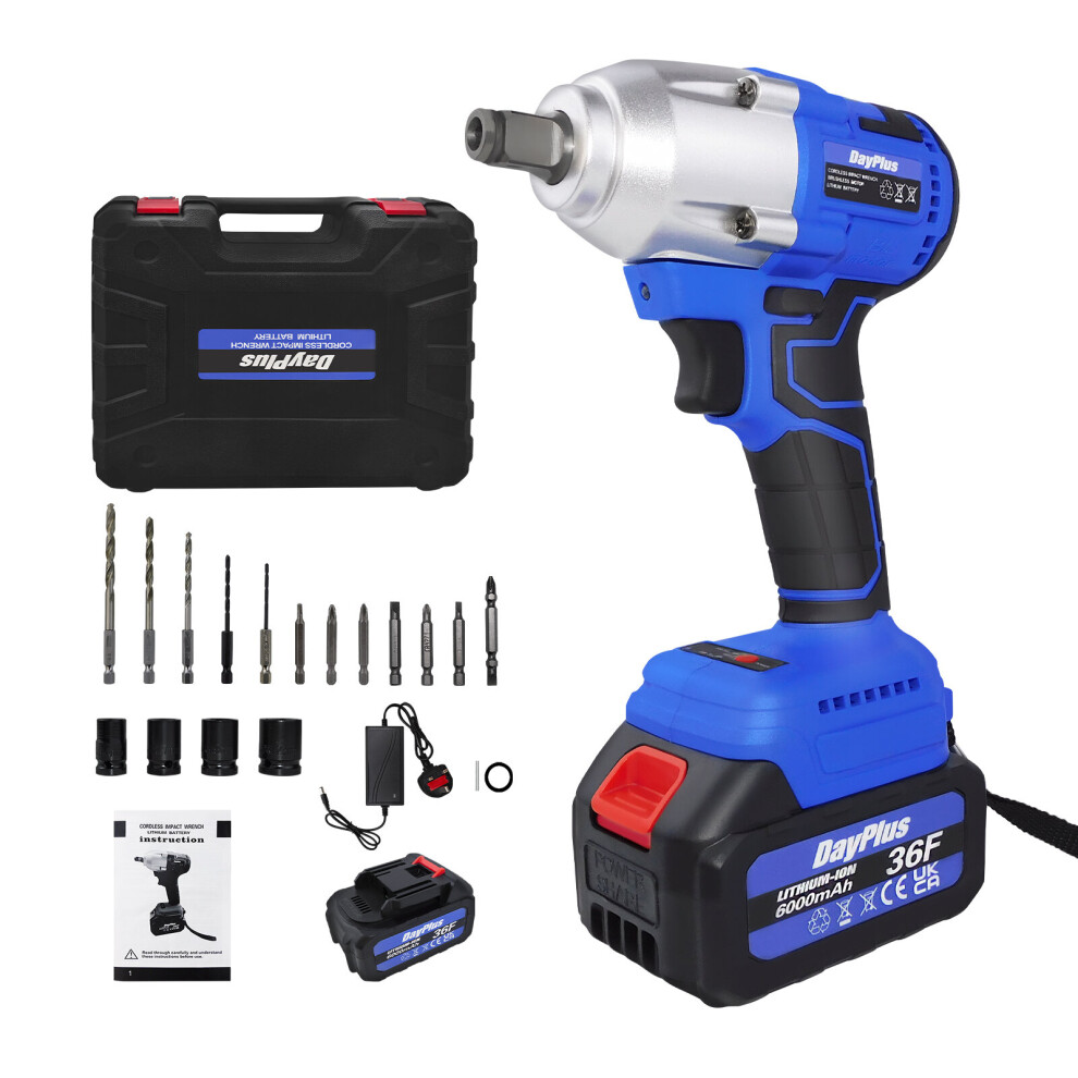 (1x6.0Ah Battery) Brushless Cordless Impact Wrench 1/2inch Electric Lug Wrench 420N.m Torque with 4 Sockets Drill Bits and Case