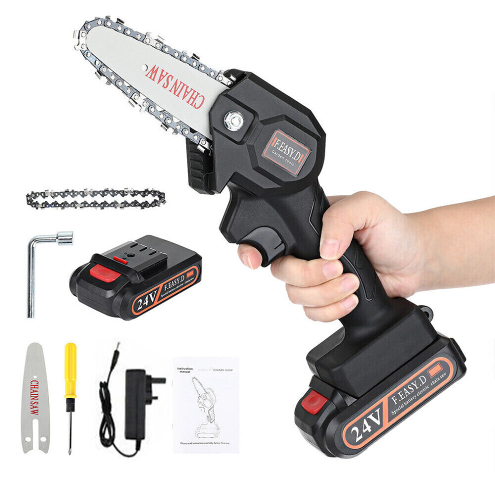 Mini Cordless Electric Chainsaw One-Hand Saw Wood Cutter Tool W/ Battery &Chain