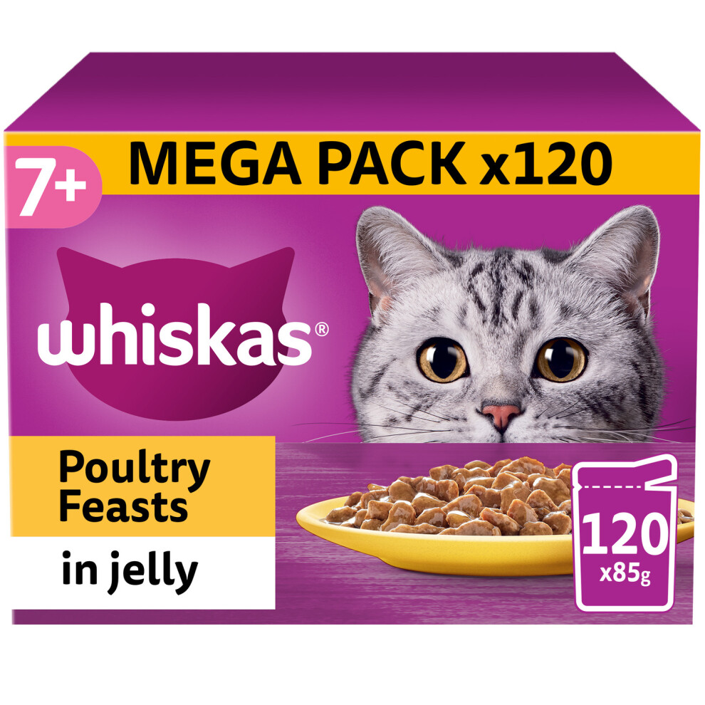 120 x 85g Whiskas 7+ Poultry Feasts Mixed Senior Wet Cat Food Pouches in Jelly