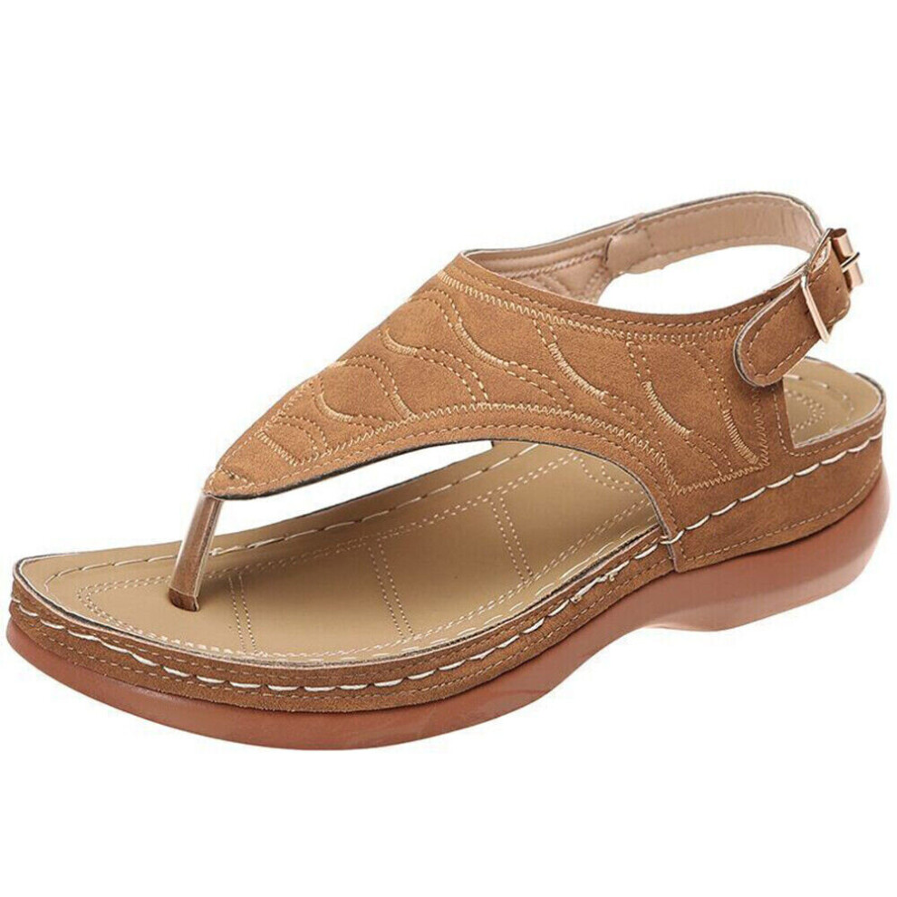 (Brown, UK 4) Womens Orthopedic Sandals Casual Flat Flip Flops Ladies Low Wedge Shoes Size UK