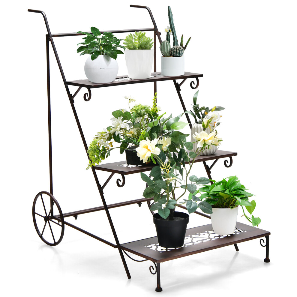 3-Tier Ladder Shaped Plant Stand  Metal Rolling Garden Cart w/ Handles