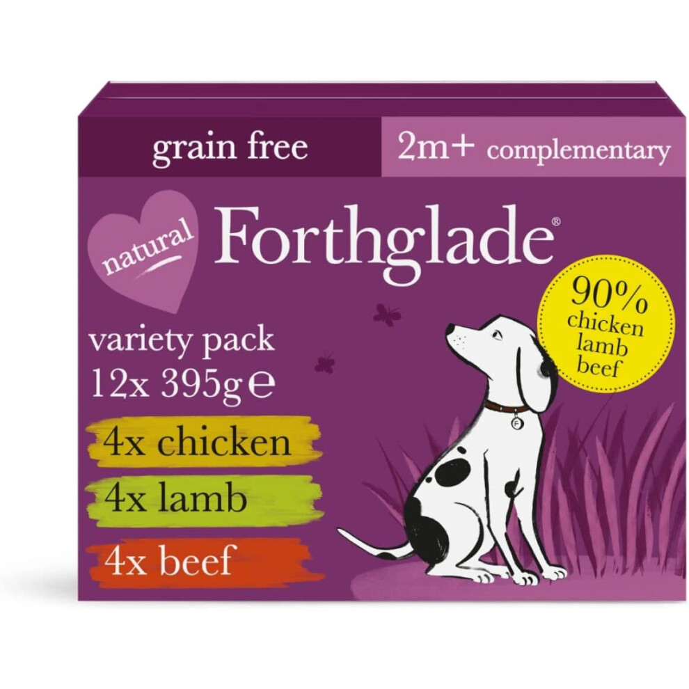 Forthglade Complementary Natural Wet Dog Food - Grain Free & Vegetables Just Variety Pack (12 x 395g) Trays - 90% Chicken, Lamb & Beef