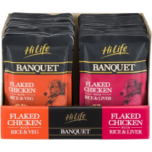 HiLife Banquet - Cibo umido per cani - Petto di pollo in fiocchi, riso, fegato, verdure - 100% ingredienti naturali, 30 buste x 100 g