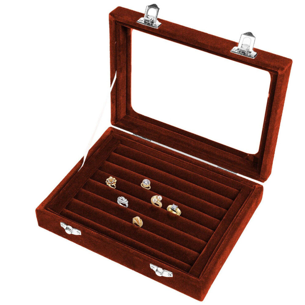 Brown 7 Slots Velvet Display Case Box Earring Ring Organizer Jewelry Tray Cufflink Storage Showcase with Clear Glass Lid-image-OPC-PBRTKXG-NEW