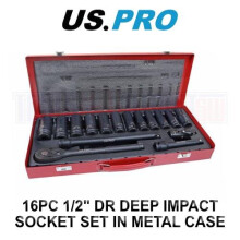 US PRO Tools 16pc 1/2" DR Deep Impact Socket Set 10 - 24mm In Metal Case 3987