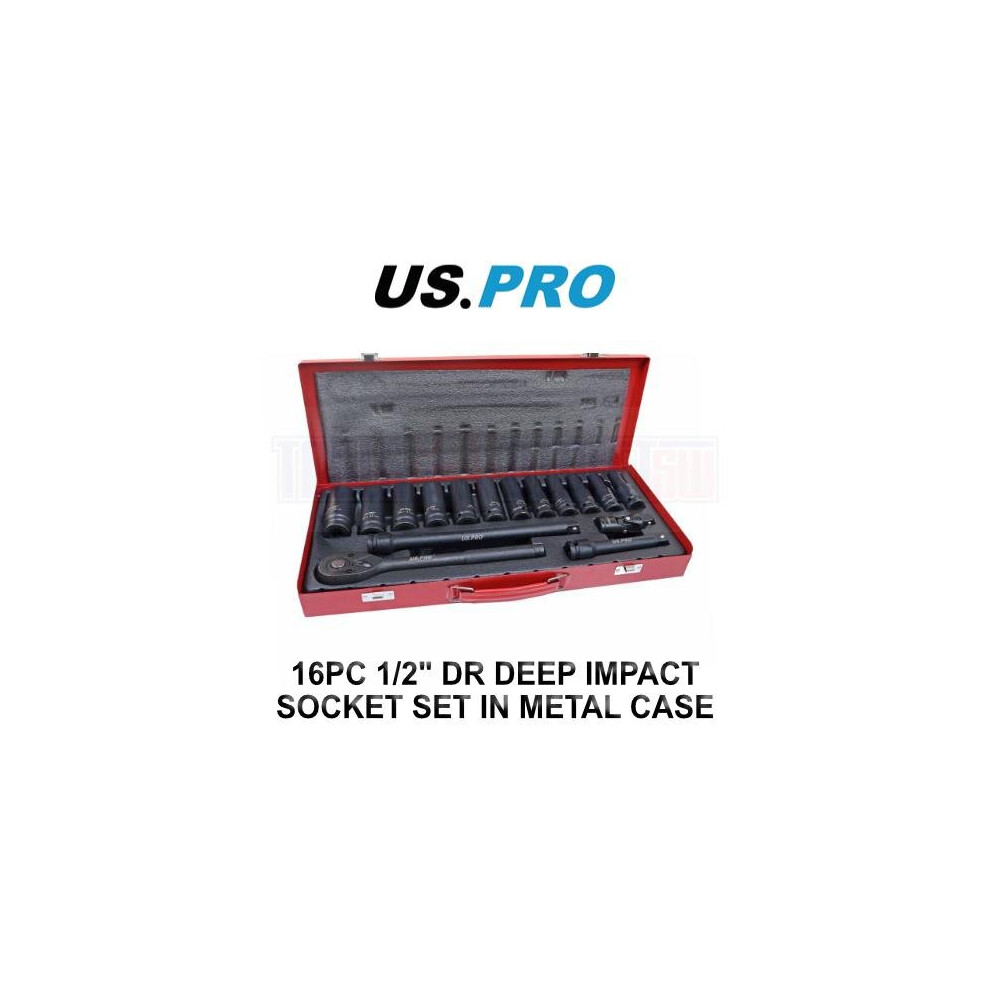 US PRO Tools 16pc 1/2" DR Deep Impact Socket Set 10 - 24mm In Metal Case 3987