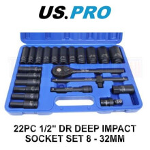 US PRO Tools 22pc 1/2" DR Deep Impact Socket Set 8 - 32mm 6 Point 3986