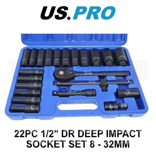 us pro US PRO Tools 22pc 1/2" DR Deep Impact Socket Set 8 - 32mm 6 Point 3986