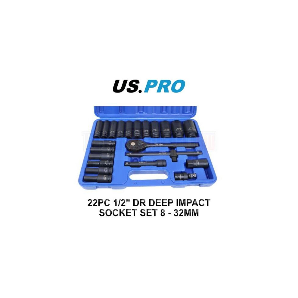 US PRO Tools 22pc 1/2" DR Deep Impact Socket Set 8 - 32mm 6 Point 3986