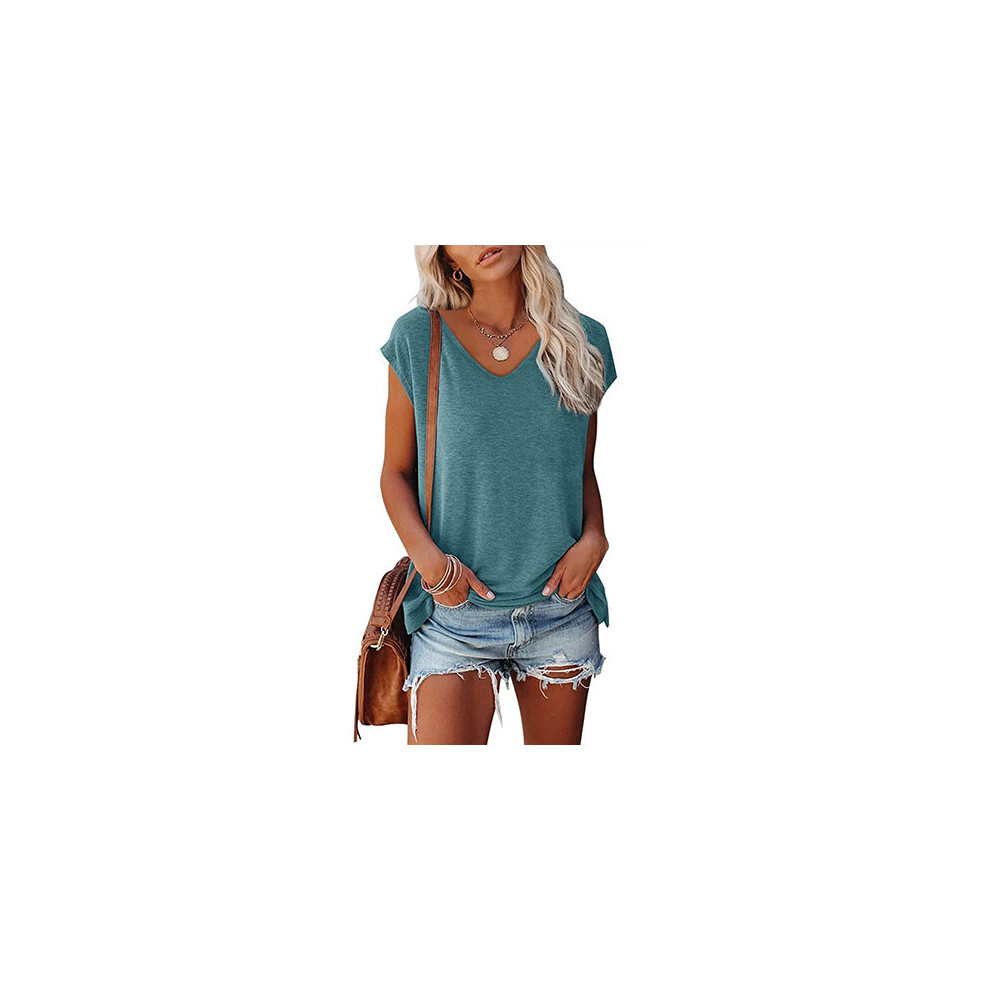 (Lake Blue, L) Womens Casual Plain T-Shirt Loose Short Sleeve