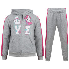 (11-12 Years, Grey) Girls Grey Fleece Zipper Hoodie Love Tracksuit