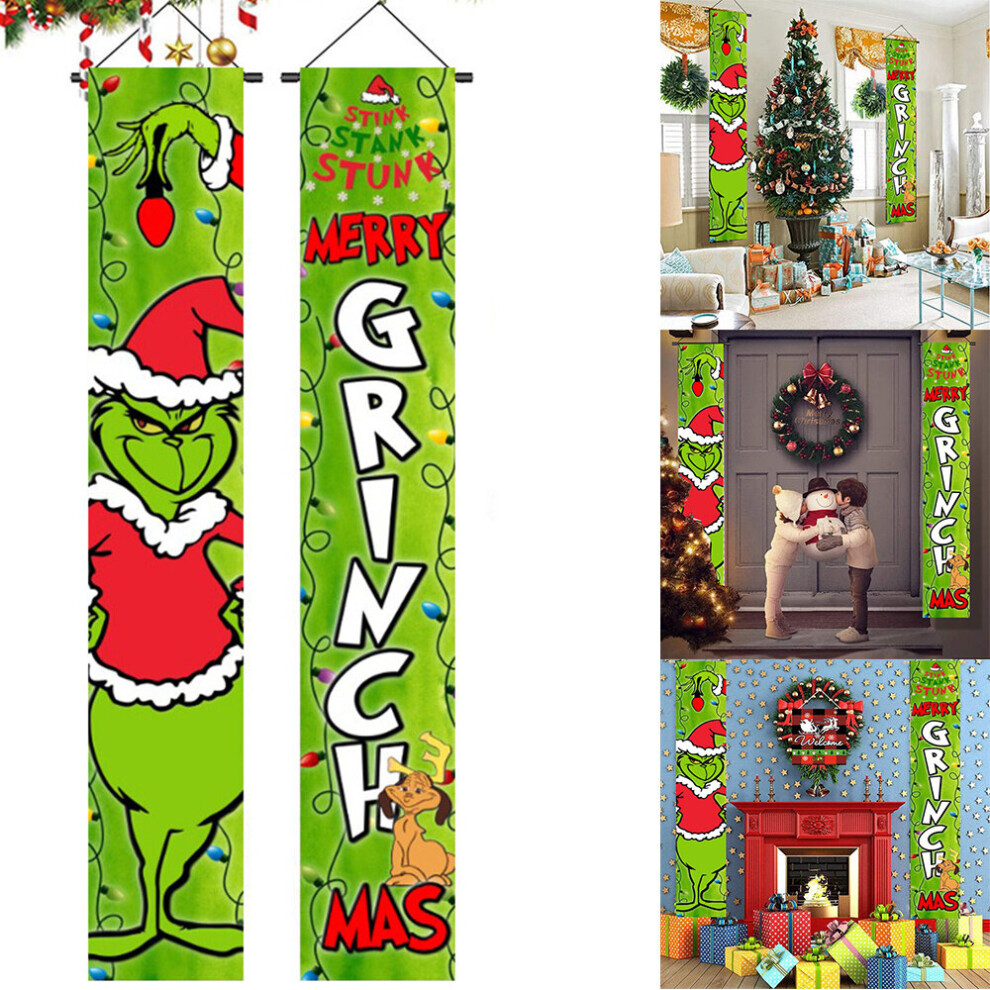Christmas Decoration Banner Green Grinch Elk Xmas Elf Sign Porch Hang Holiday Decor