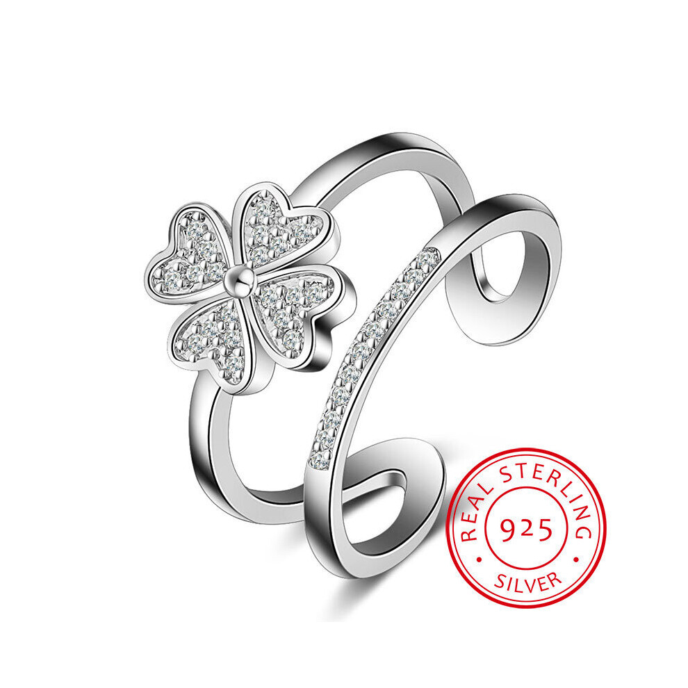 925 Sterling Silver Rings For Women Mosaic Cz Zirconia Lucky Four Leaf Clover Multi-layer Resizable Rings Bague S-r193