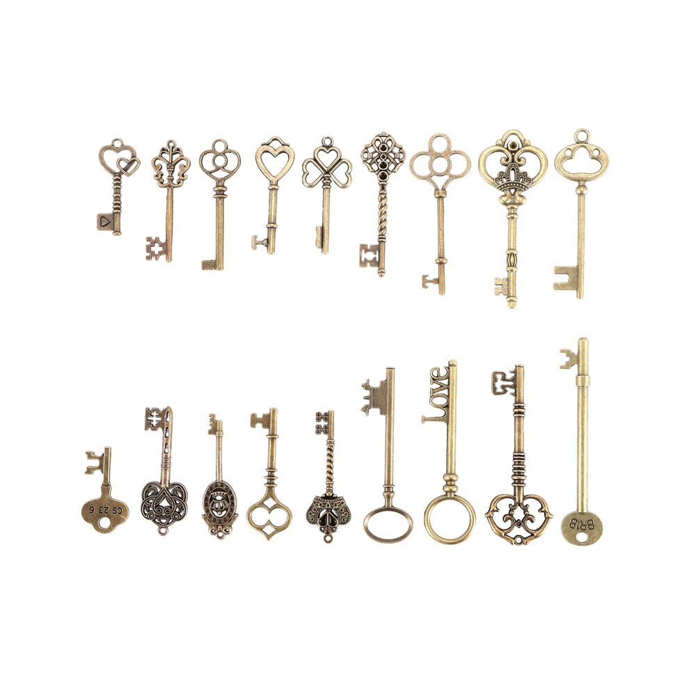 (Bronze) Set Of 18 Antique Vintage Old Look Bronze Skeleton Key Heart Bow Lock Pendant