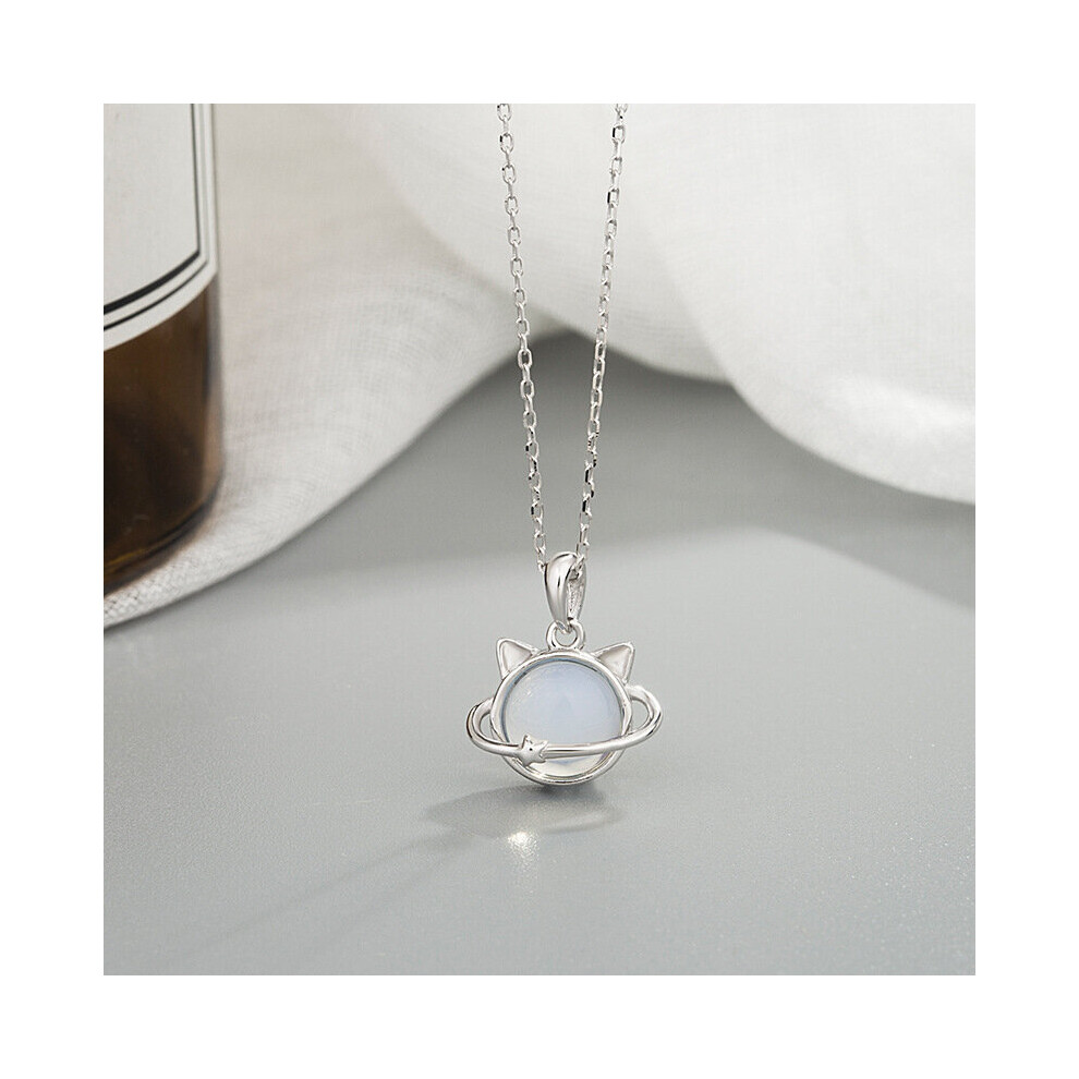 Women's S925 Silver Platinum Plated Cat Ear Moonstone Planet Pendant Fresh Necklaces 674-image-OPC-PBRYFZC-NEW