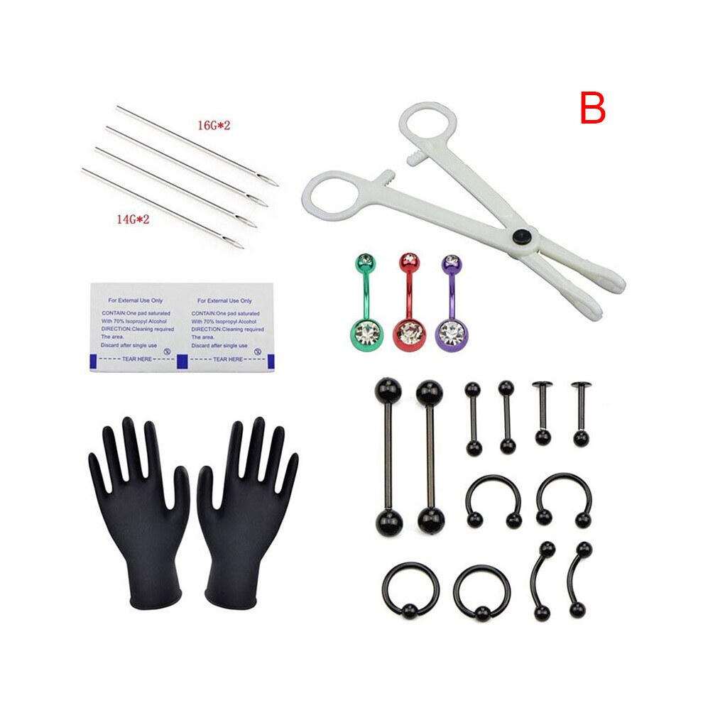 (B Black) 24pcs Professional Body Piercing Tool Kit Ear Nose Navel Nipple Needles Set