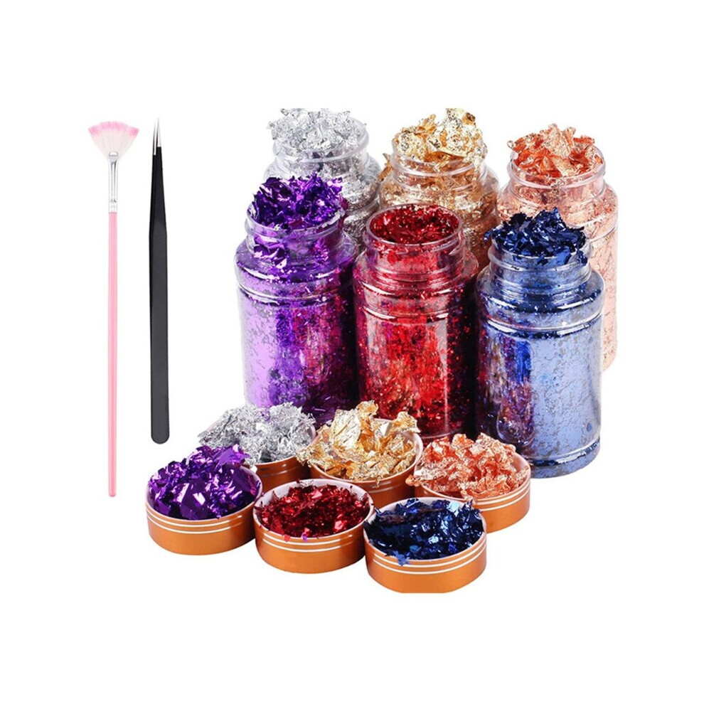 Foil Flakes for Resin 6 Colors Gilding Flakes Metallic Foil Flakes with Tweezers for DIY Nails Painting Craft Slime
