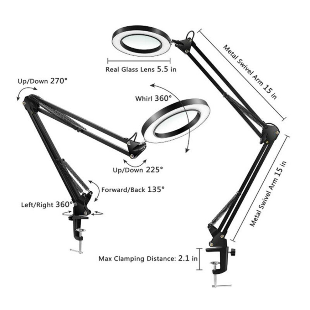 Light Led 5X Magnifier Lamp Eye-Caring Reading Magnifying Lamp 3-Color Modes