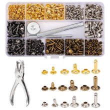 1 Box Mixed Double Cap Iron Rivets Install Tool Sets with Fixing Tools Punch Pliers for DIY Leathercraft Repair Accessories
