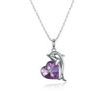 925 Sterling Silver Amethyst Crystals Dolphins Pendant Necklace Heart Shaped Romantic Animal Necklace Fine Jewelry
