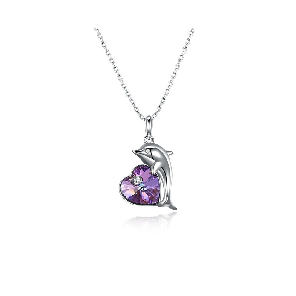 925 Sterling Silver Amethyst Crystals Dolphins Pendant Necklace Heart Shaped Romantic Animal Necklace Fine Jewelry Multicoloured