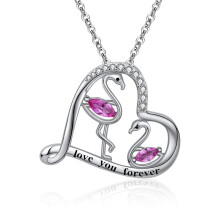 Flamingo Bird Necklace 925 Sterling Silver Animal Heart Pendant with Cubic Zirconia,Mother's for Women Wife Girlfriend