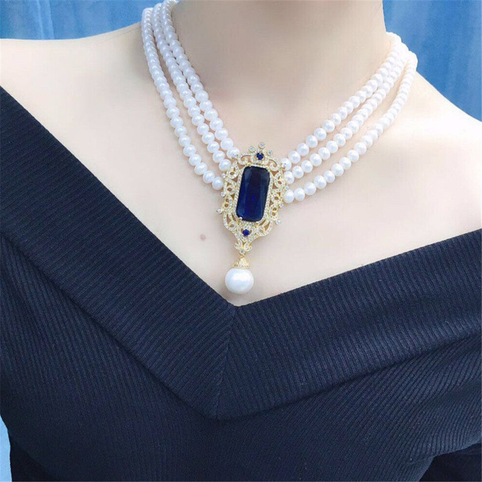 Women's Natural freshwater pearl necklace 7-8mm Sapphire pendant sweater chain pearl jewelry