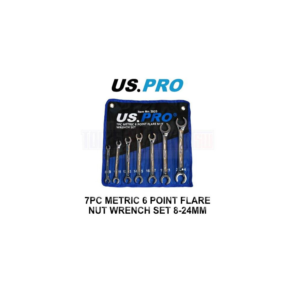 US PRO Tools 7 Piece Metric 6 Point Flare Nut Spanner Wrench Set 8 - 24mm 3925