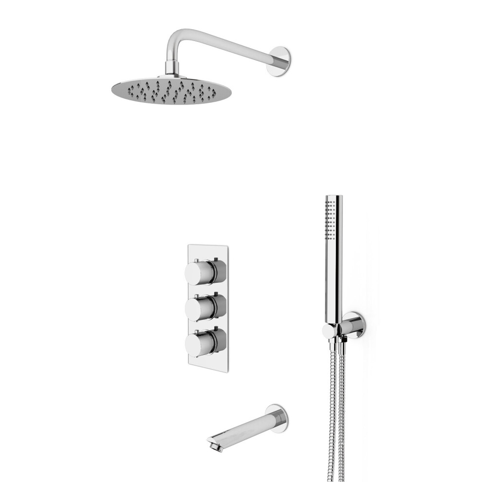 Nes Home Round 3 Way Concealed Thermostatic Shower Mixer Valve, Shower Head, Handset, Spout Set Chrome