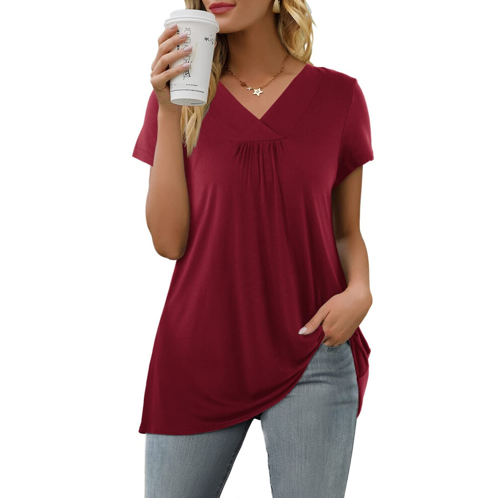 (Red, S) Women Casual Tops V Neck T Shirt Short Sleeve-image-OPC-PBS2KZS-NEW