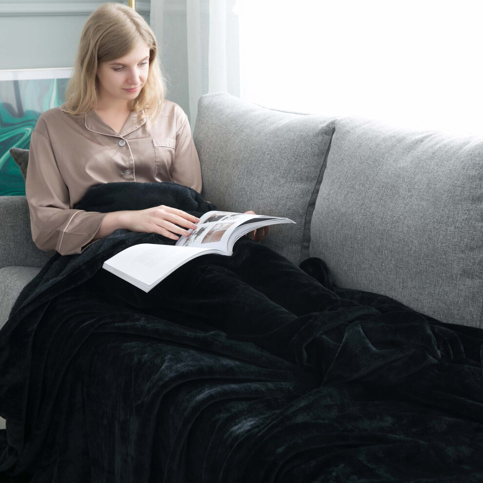 (Black, King: 200 cm x 240 cm) Solid 310 GSM Fleece Blanket Warm Thick Soft Fluffy Bed Mink Sofa Throw