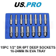 US PRO Tools 15PC 1/2" DR 6pt Deep Sockets 10 - 24mm In EVA Foam Tray 3976