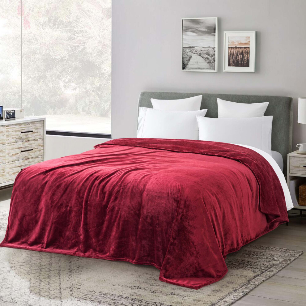 (Burgundy Red, King: 200 cm x 240 cm) Solid 310 GSM Fleece Blanket Warm Thick Soft Fluffy Bed Mink Sofa Throw