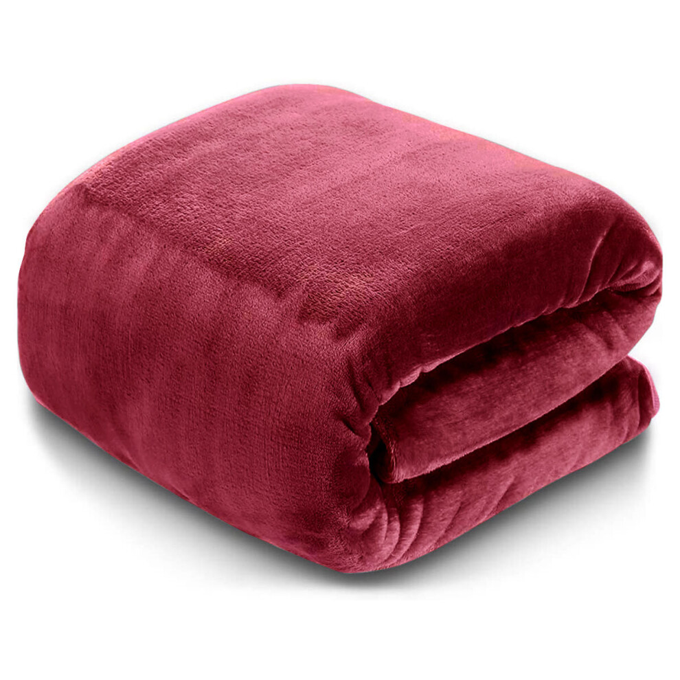 (Burgundy Red, Super King: 230 cm x 270 cm) Solid 310 GSM Fleece Blanket Warm Thick Soft Fluffy Bed Mink Sofa Throw