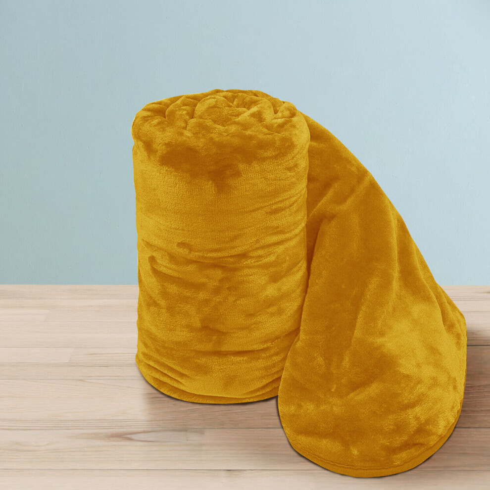 (Mustard, Single: 130 cm x 150 cm.) Solid 310 GSM Fleece Blanket Warm Thick Soft Fluffy Bed Mink Sofa Throw