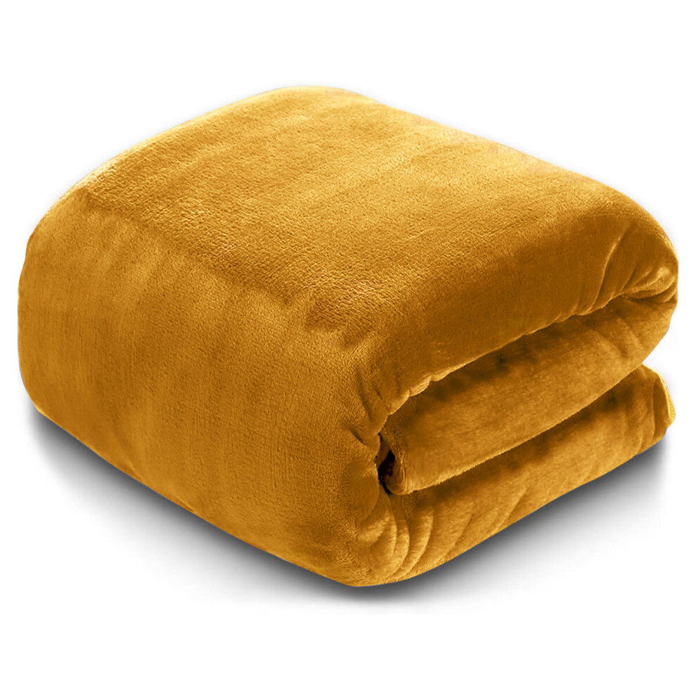 (Mustard, Super King: 230 cm x 270 cm) Solid 310 GSM Fleece Blanket Warm Thick Soft Fluffy Bed Mink Sofa Throw