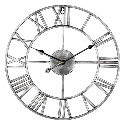 (SILVER) GARDEN WALL CLOCK ROMAN LARGE INDOOR OUTDOOR NUMERALS GIANT OPEN FACE METAL 60CM