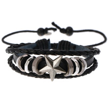 Five-pointed Star Beaded Leather Bracelet, Personalized Woven Student Jewelry, Adjustable Leather Bracelet
