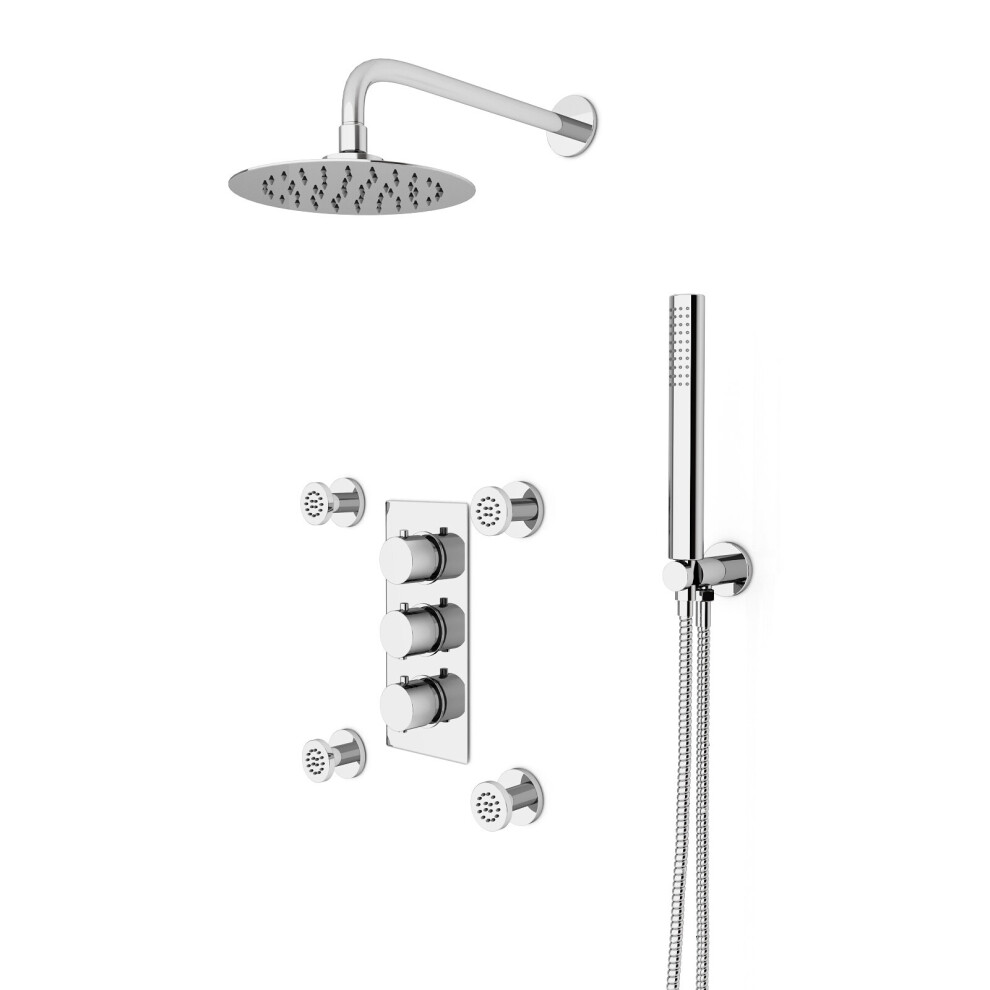 Nes Home Round 3 Way Concealed Shower Mixer Valve, Shower Head, Handset, Body Jets Set Chrome