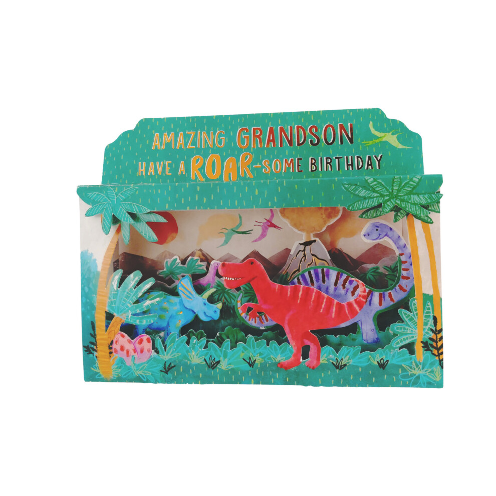 Spectacular 3D Roar-Some Dinosaur Scene Grandson Birthday Card Freestanding Cards