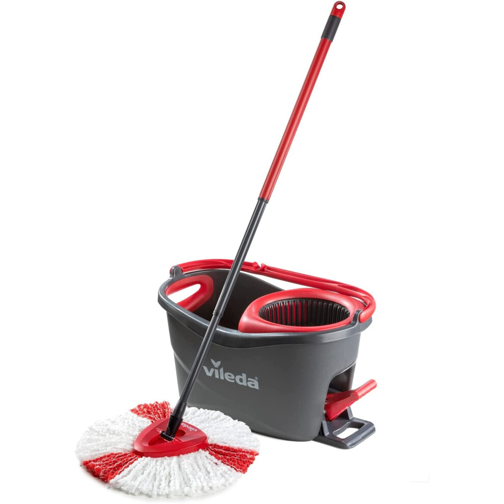 Vileda Turbo Microfibre Mop and Bucket Set, Spin Mop for Cleaning Floors, Set of 1x Mop and 1x Bucket,Grey/Red,48.5 x 27.5 x 28 cm