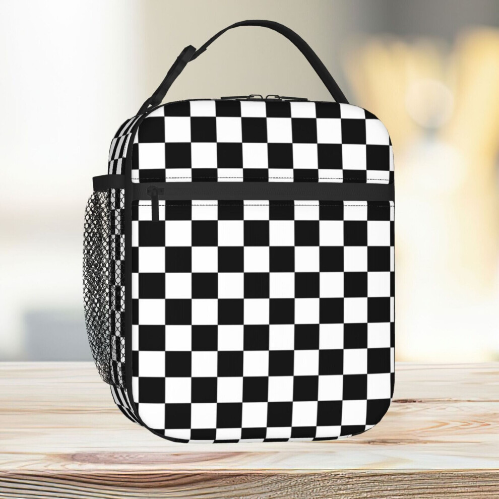 Lunch Bag Checkerboard Pattern (blackwhite) Tote Insulated Cooler Kids School Travel