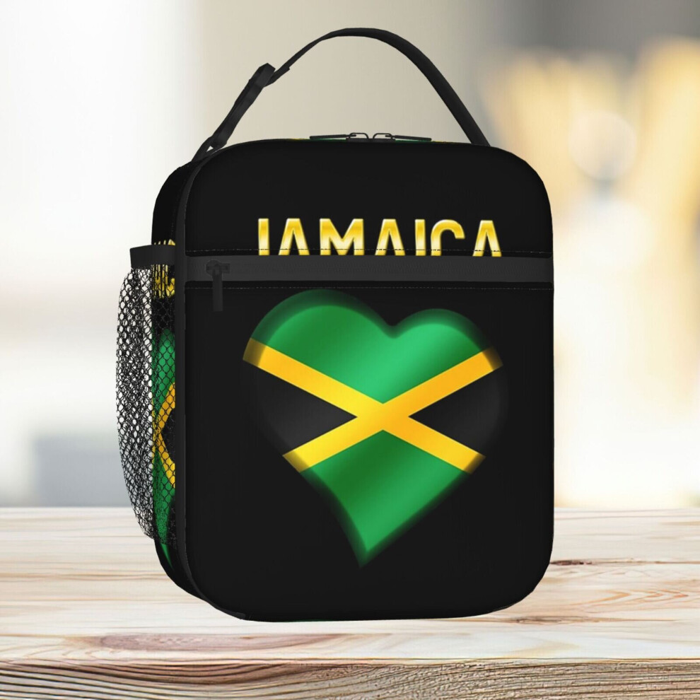 Famgem Lunch Bag Jamaica - Jamaican Flag Heart Text - Metallic Tote Insulated Cooler Kids School Travel