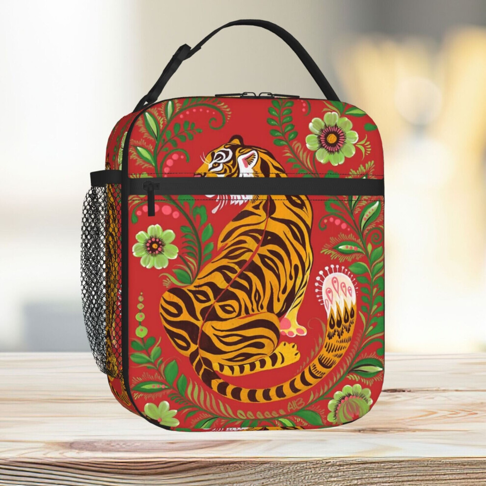 Lunch Bag Tiger Folk Art Tote Insulated Cooler Kids School Travel