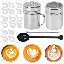 CENBEN 20 Pcs Chocolate Shaker Dusters with 16 Pcs Coffee Stencil Coffee Pull Pin,Spoon-Mesh Shaker Powder Shaker Chocolate Shaker with Lid Cocoa