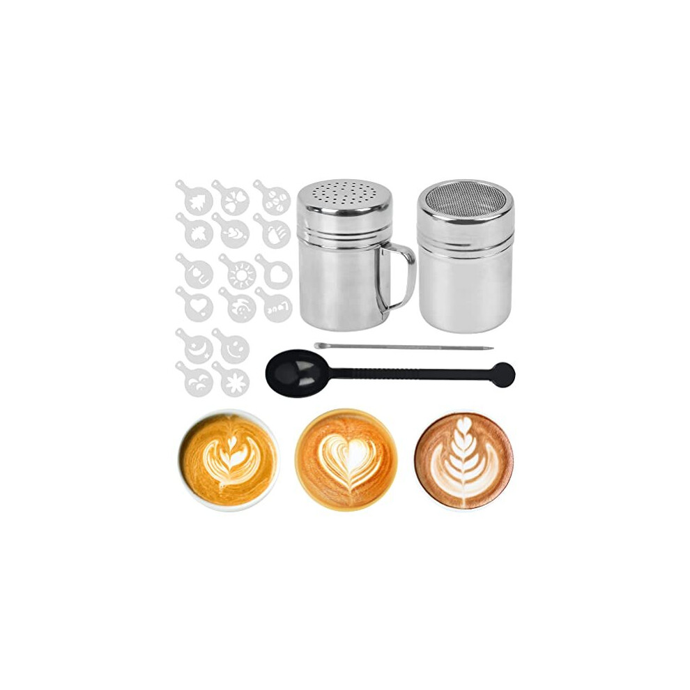 CENBEN 20 Pcs Chocolate Shaker Dusters with 16 Pcs Coffee Stencil Coffee Pull Pin,Spoon-Mesh Shaker Powder Shaker Chocolate Shaker with Lid Cocoa