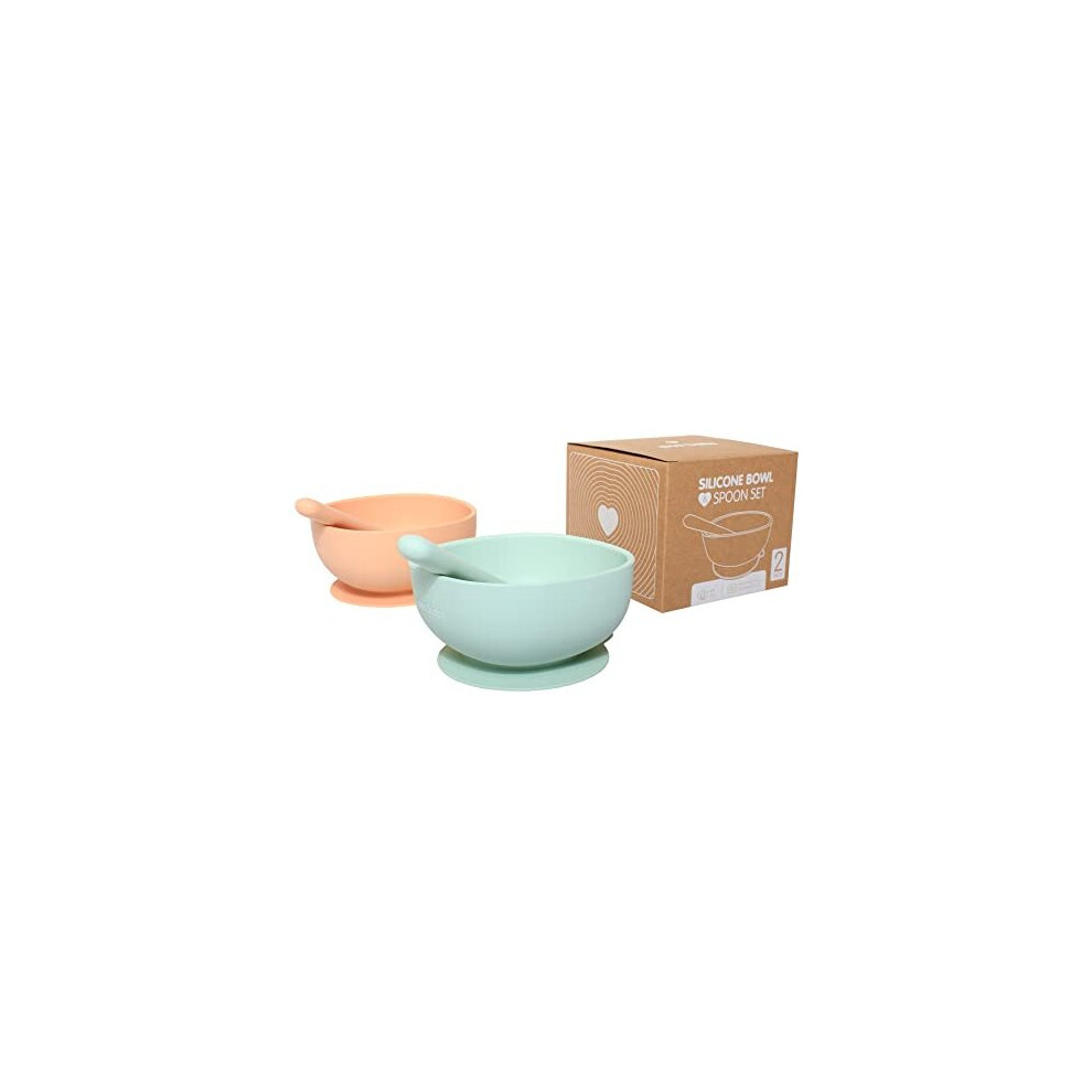 Silicone Suction Bowl And Spoon Matching 2 Pack Set In And Bpa Free, Dishwasher, Microwave And Freezer Safe Light/Green/Peach Ana Baby