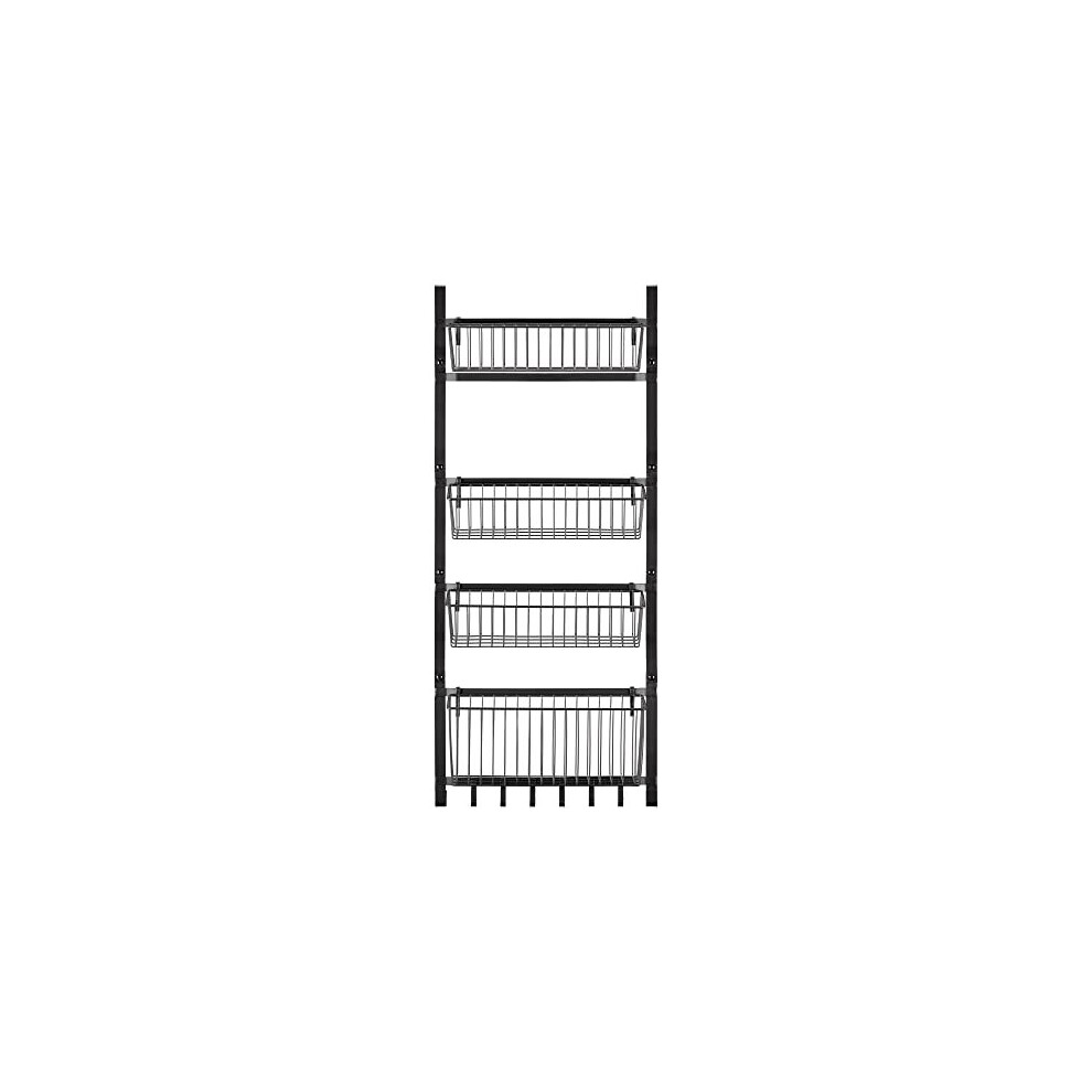 Over the Door Pantry Organiser - Hanging Spice Rack for Pantry Door - 4 Basket Shelves and Hooks - Wire Metal Kitchen Storage Organisation